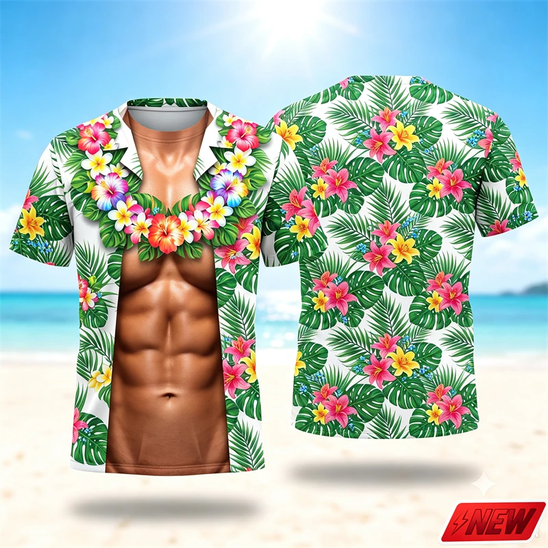 Funny Fake Abs T Shirt Men Hawaiian 3d Print Tropical Flower Leaf Pattern Short Sleeve Tee Summer Pool Beach Novelty Party Top
