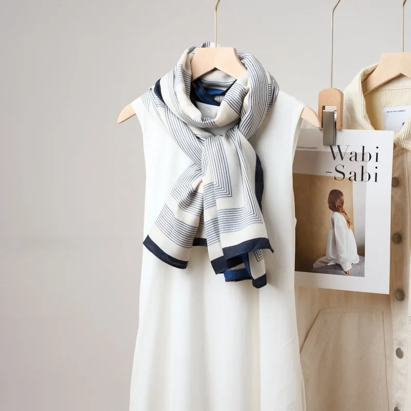 Korean Minimalist Striped Scarf Cotton Linen Feel  Lightweight Head Wrap Versatile Fashion Shawl For Women
