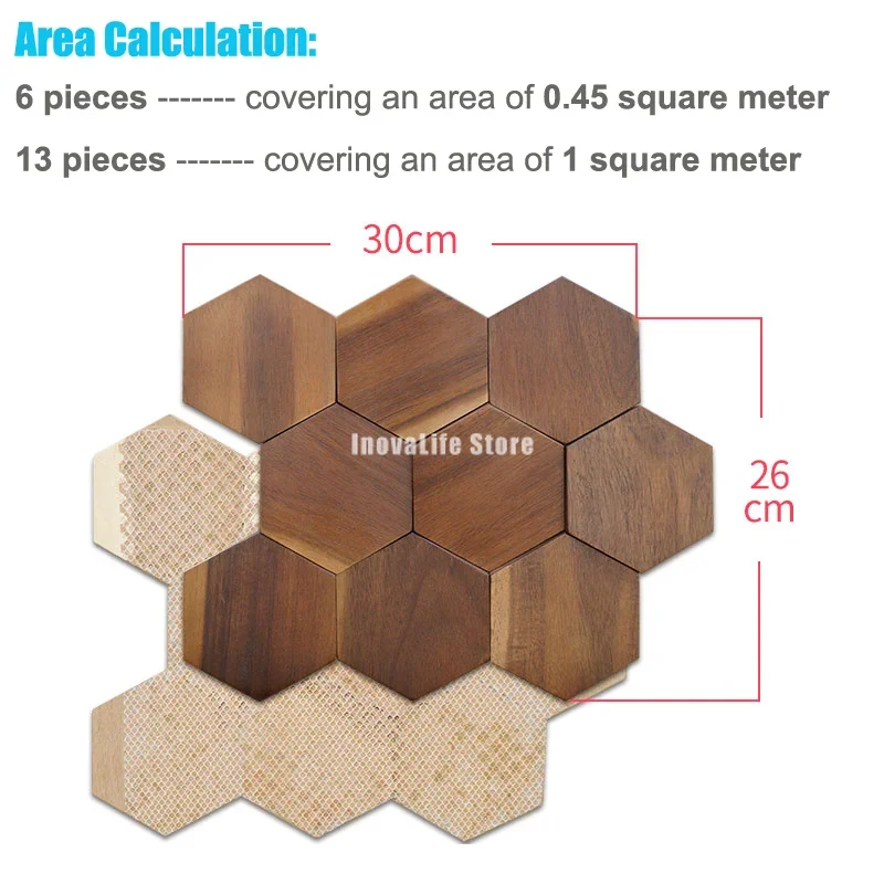 Nowoczesny sześciokątny drewniany panel ścienny 3D z drewna orzechowego Naklejka ścienna z mozaiką do tła telewizora Dekoracja ścienna 30x26cm