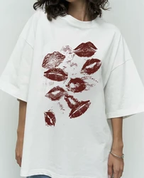 Trendy Y2k Street American Sexy Lips Printed T-shirt Summer Ins Women Cotton Soft Sleeves Oversized Retro Personality Gothic Top