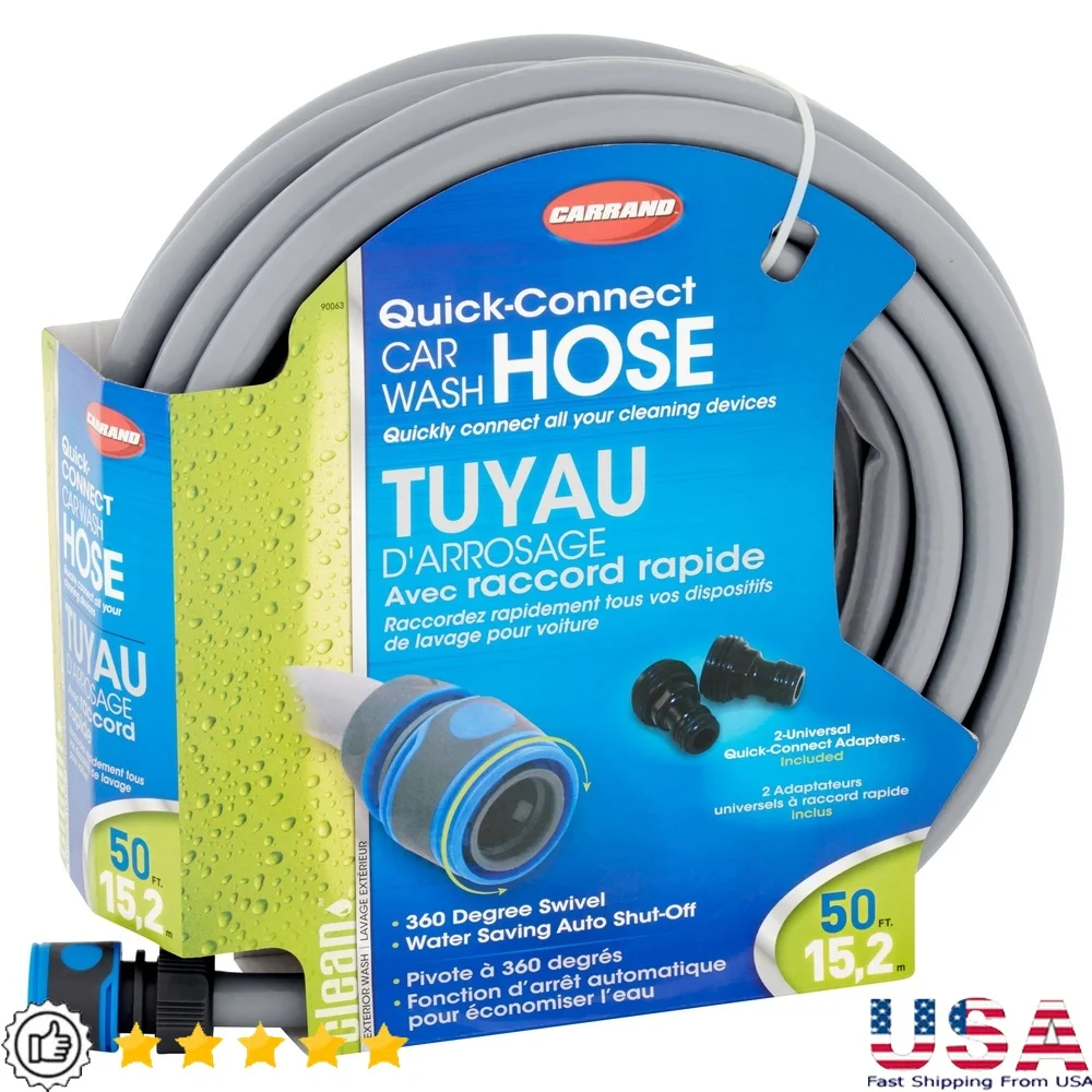 

50ft Quick-Connect Car Wash Hose with 2 Adapters 360 Degree Swivel Auto Shut-Off Durable Kink-Resistant Material Cleaning Tools