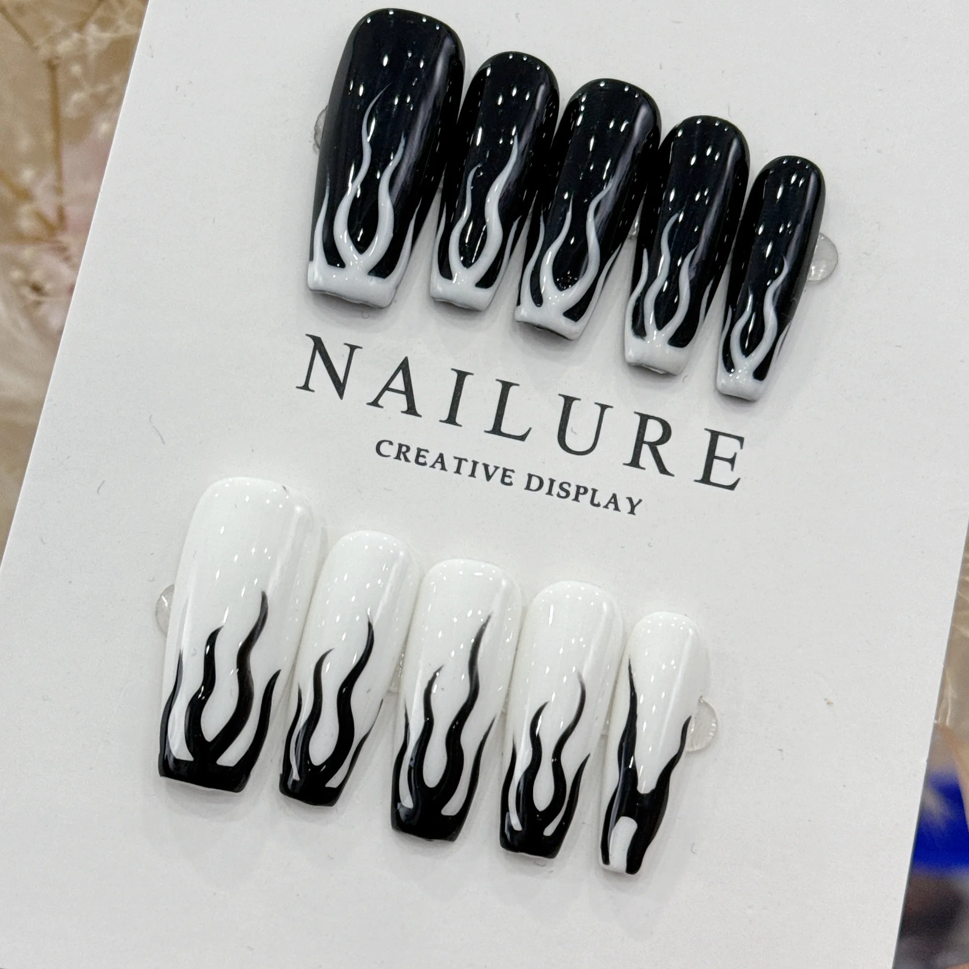 10Pcs Cool Black White Flame Long Ballet Fake Nails Girls Square Head Full Cover Detachable Finished Fingernails Press on Nail