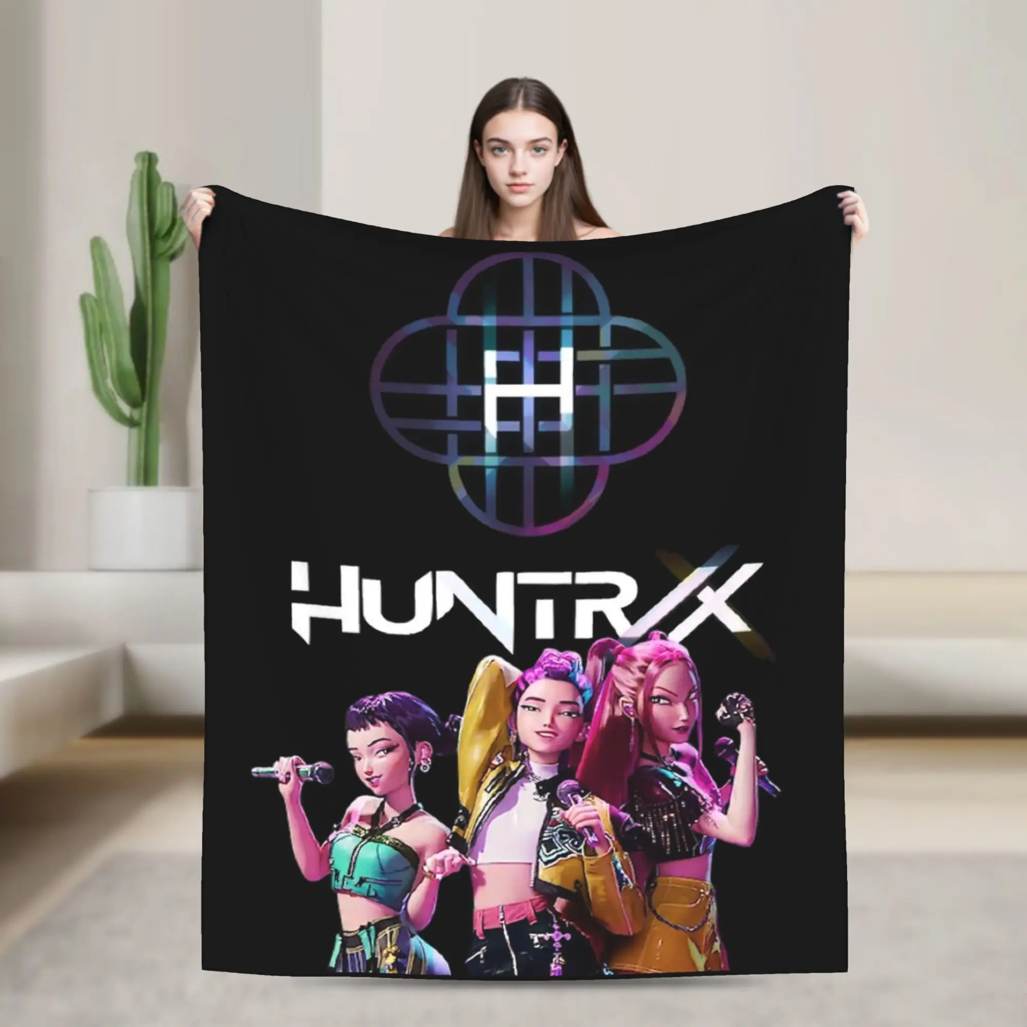 

huntrix with logo Blanket Cover Kpop Demon Hunters Flannel Throw Blankets Bedroom Sofa Decoration Ultra-Soft Warm Bedspread