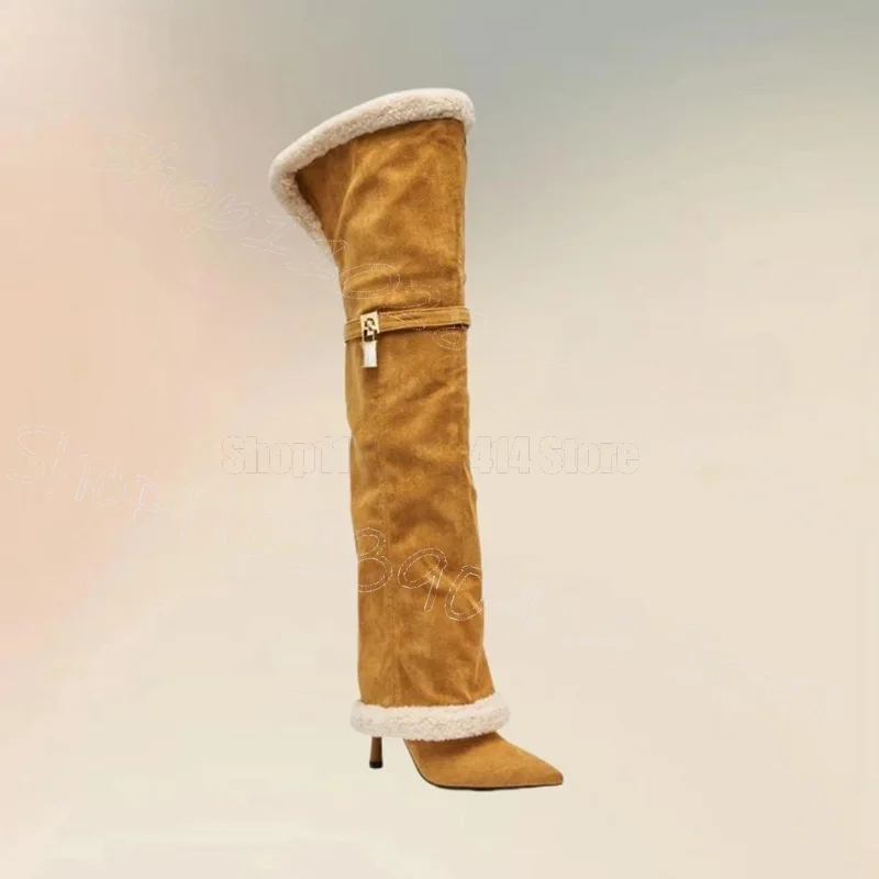 

Brown Lamb Wool Lock Decor Pointed Toe Boots Slip On Women Shoes Thin High Heels Fashion Party Dating 2025 Zapatos Para Mujere