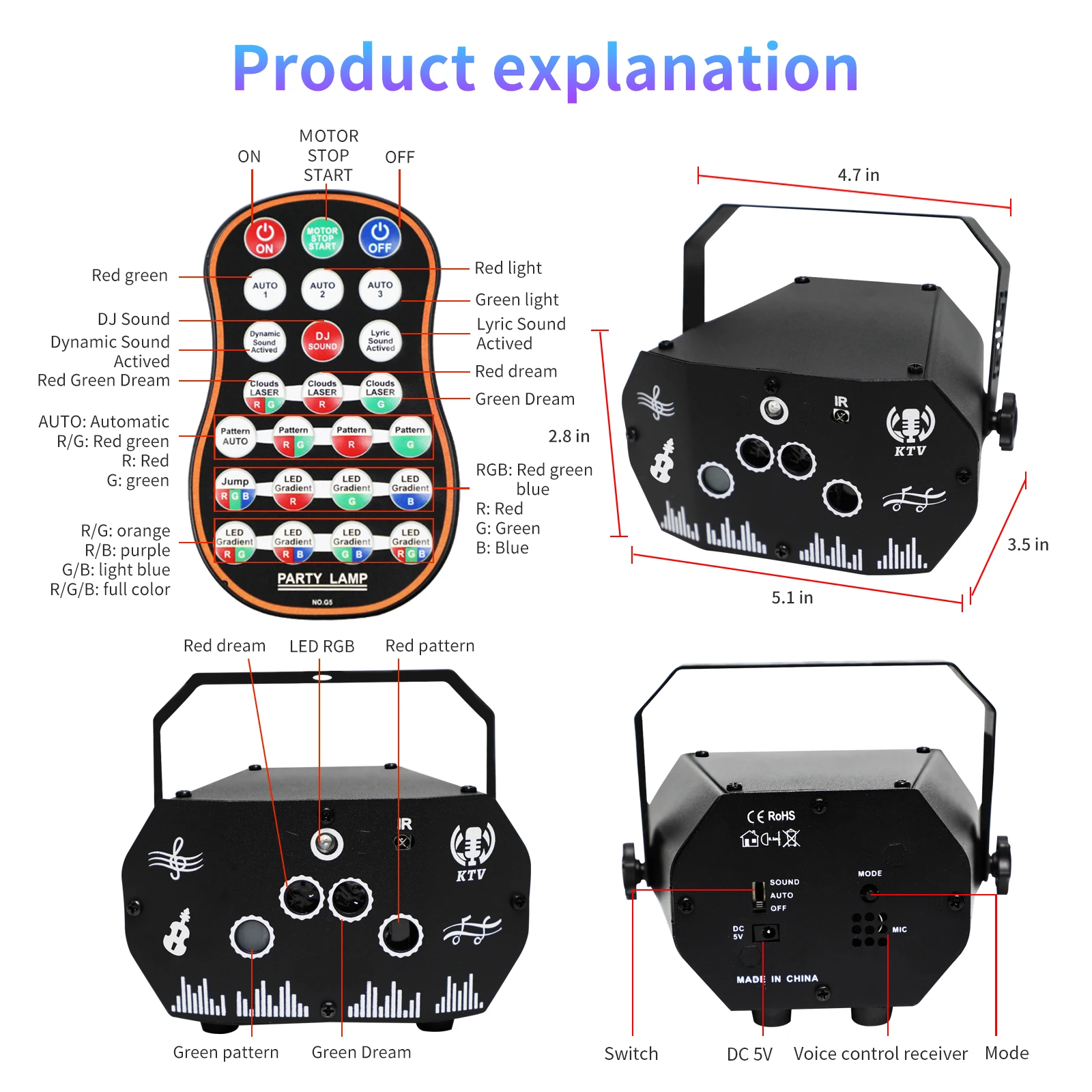 WZSTAR RG Dreamy Laser Light Sound Activated Remote Control DJ Lighting for Parties Events Live Bar KTV Shows