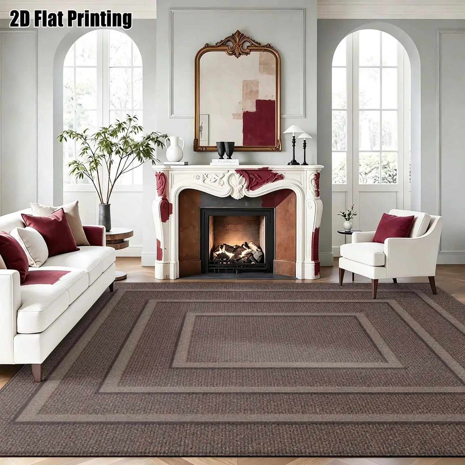 1Pc 2D Printed Deep Brown Geometric Frame Pattern Carpet Nordic/European Style, Modern Simple, Instagram-Inspired Floor Mat. Home Decor, Multi-Size, Machine Washable. For Entrance, Dining Room, Foyer, Bedroom, Living Room.