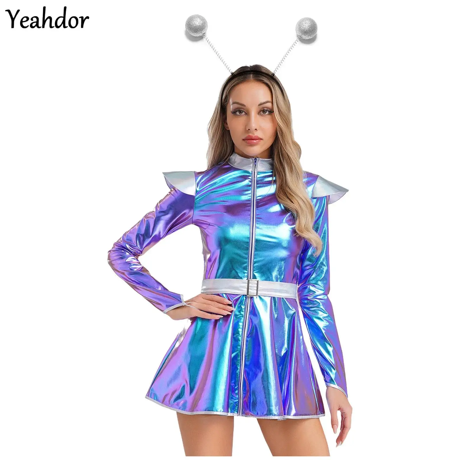 

Women Alien Costume Halloween Outerspace Astronaut Robot Cosplay Long Sleeve Zipper Metallic Shiny A-line Dress with Hair Hoop