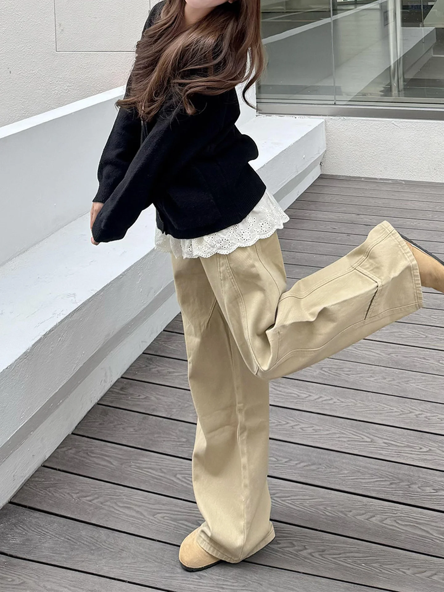 Hohe Taille Breite Bein Casual Denim Jeans frauen Khaki Farbe Gerade Geschnitten Hosen Herbst Winter Neue Sle Retro Taille Jeans