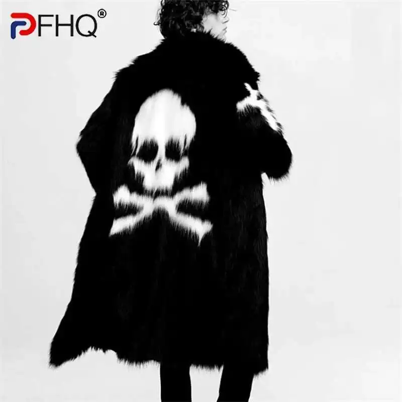 PFHQ Male Skull Pattern Faux Fur Coat Long Knee Length Outdoor