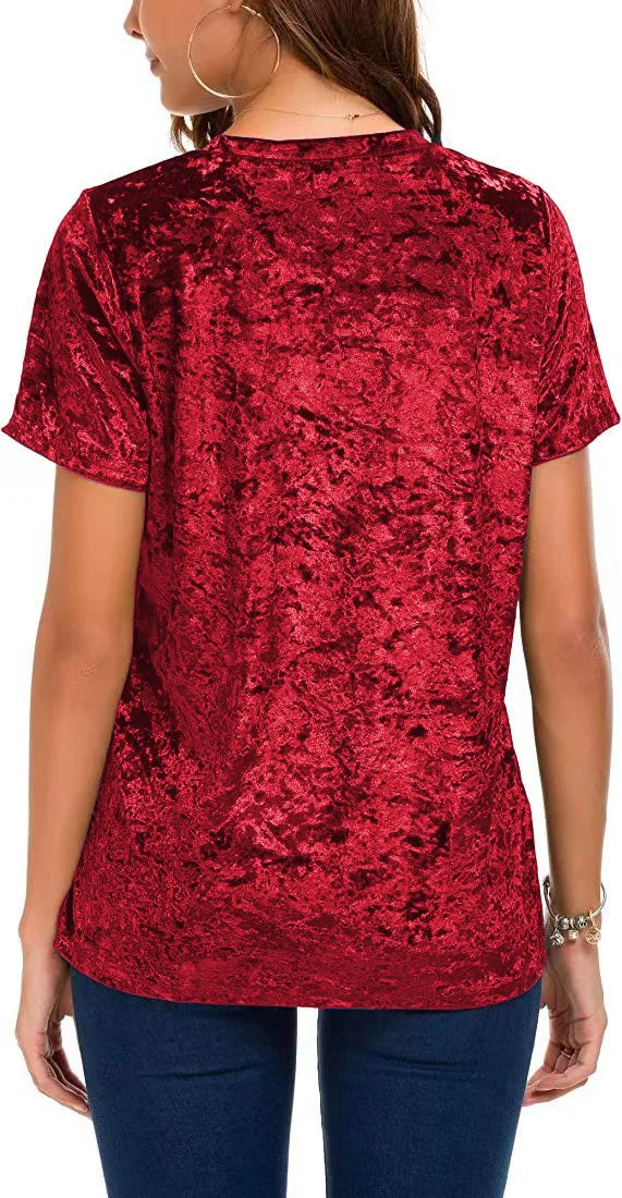 Damen-T-Shirt aus Crushed-Samt in Übergröße, kurzärmelig, Rundhalsausschnitt, lässiges, lockeres Oberteil – Detail 1