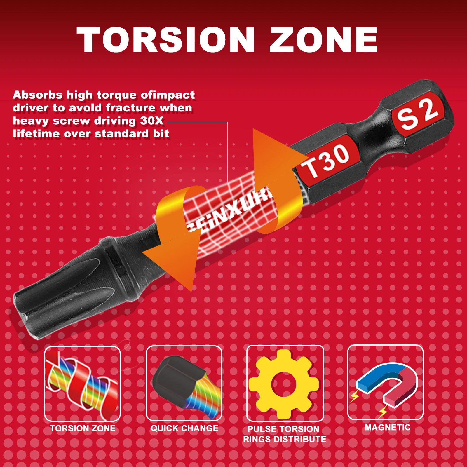 Geinxurn 2 Inches Impact Tough Magnetic Power Bit Set(T30),Torx Head Power Bits,S2 Alloy Steel Star T30 Screwdriver Bits Set