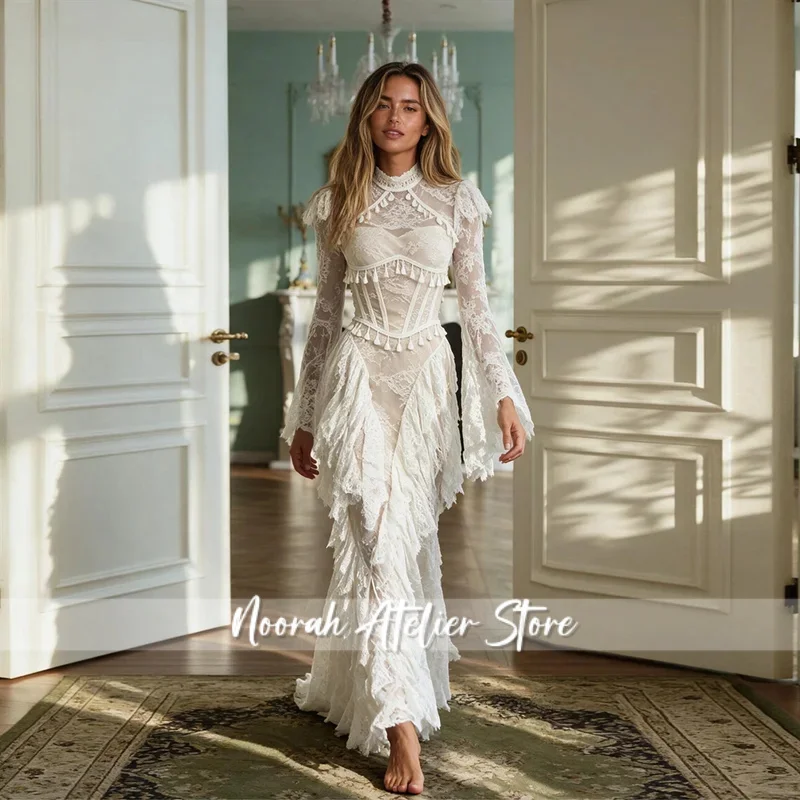 Sheer Lace Mermaid Wedding Dress High Collar Long Sleeves With Tassel Bridal Gown Customized For Women Bridal Photoshoot