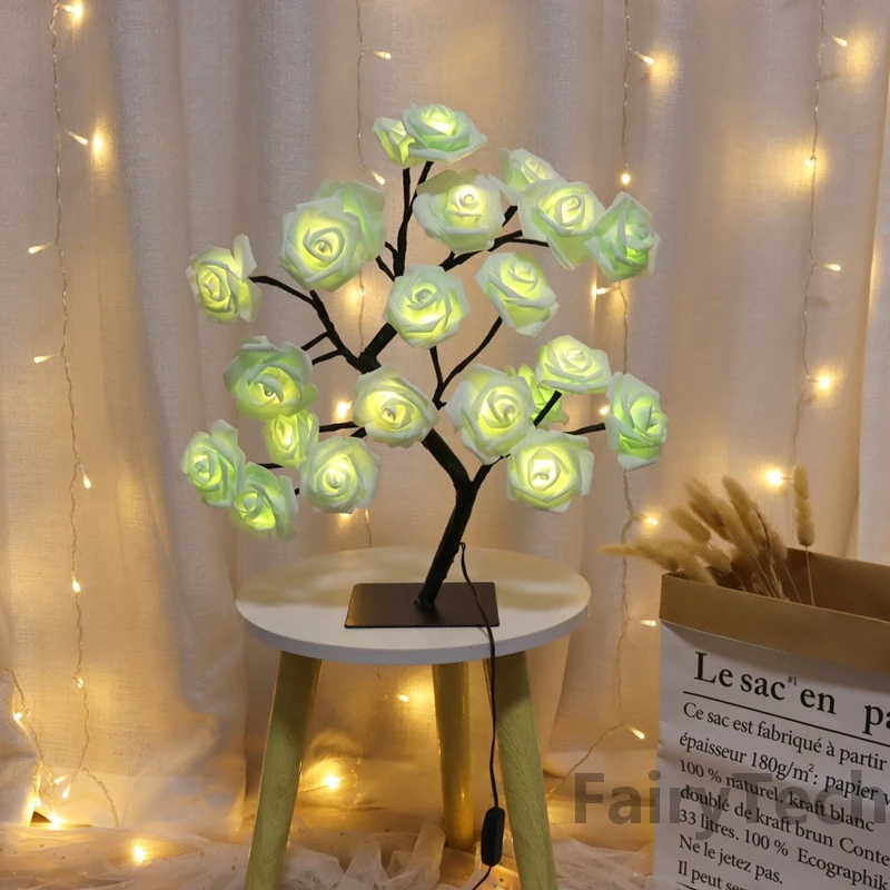 Lampe de Table à 24 LED en Forme d\'Arbre à Roses, Veilleuse USB, Luminaire Décoratif d\'Nik, Idéal pour une Chambre d\'Enfant ou comme Cadeau de Noël