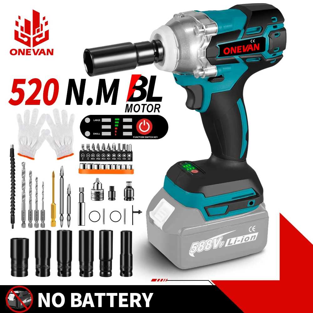 ONEVAN Brushless 520N.M Electric Impact Wrench Cordless Electric 1/2 inch Wrench Screwdriver Socket Set For Makita 18V Battery