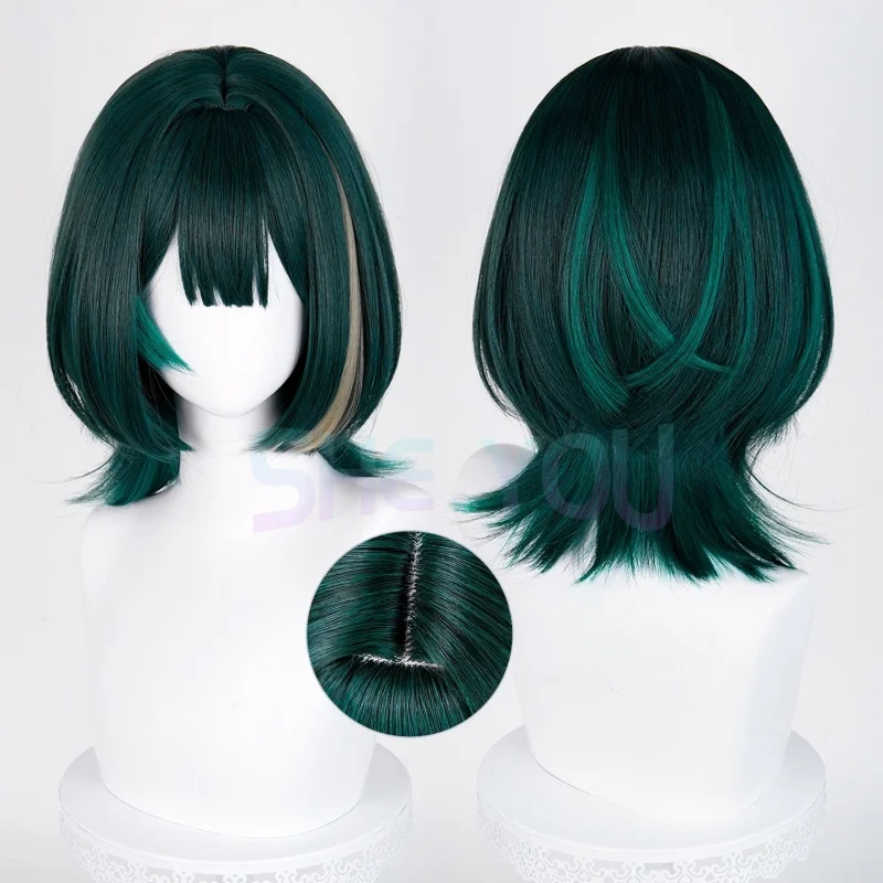 Parrucca cosplay Anime Nefer 36 cm con riflessi verdi parrucche per le donne parrucca cosplay capelli sintetici resistenti al calore Halloween + cappuccio parrucca