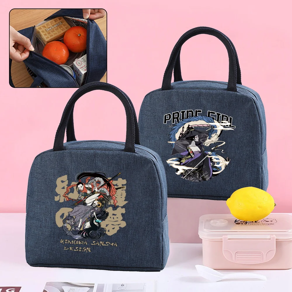 

Lunch Bags Women Kids Food Insulated Cooler Lunch Box Picnic Thermal Canvas Pouch Samurai Print Handbag for Ladies Work Tote Bag