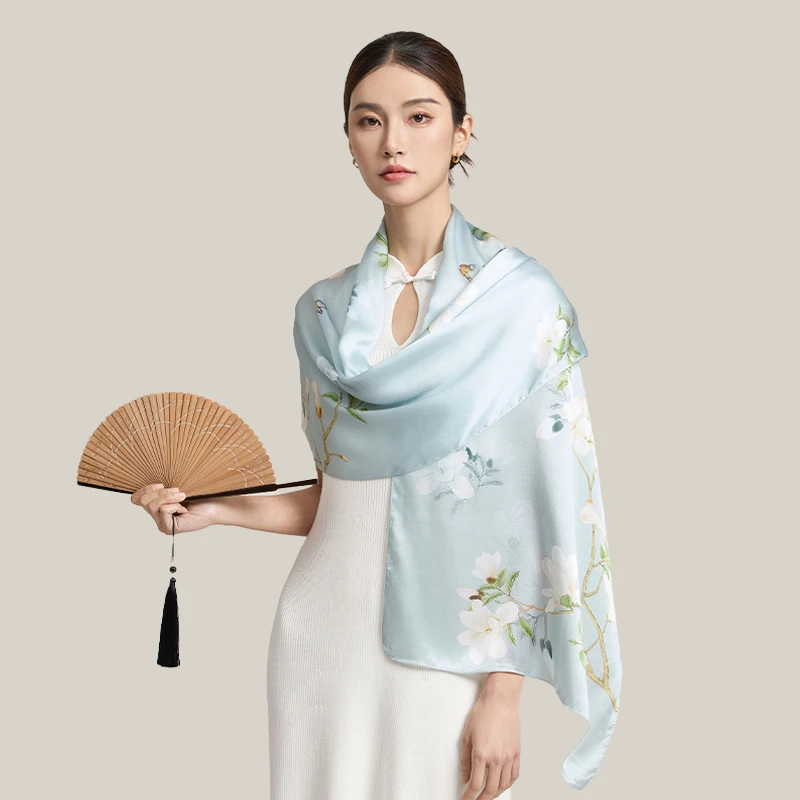 

Luxury 100% Nature Silk Scarf 170x50cm 12 Momme Headbands Oriental Chinese Magnolia Floral Print Long Shawl Wraps for Women