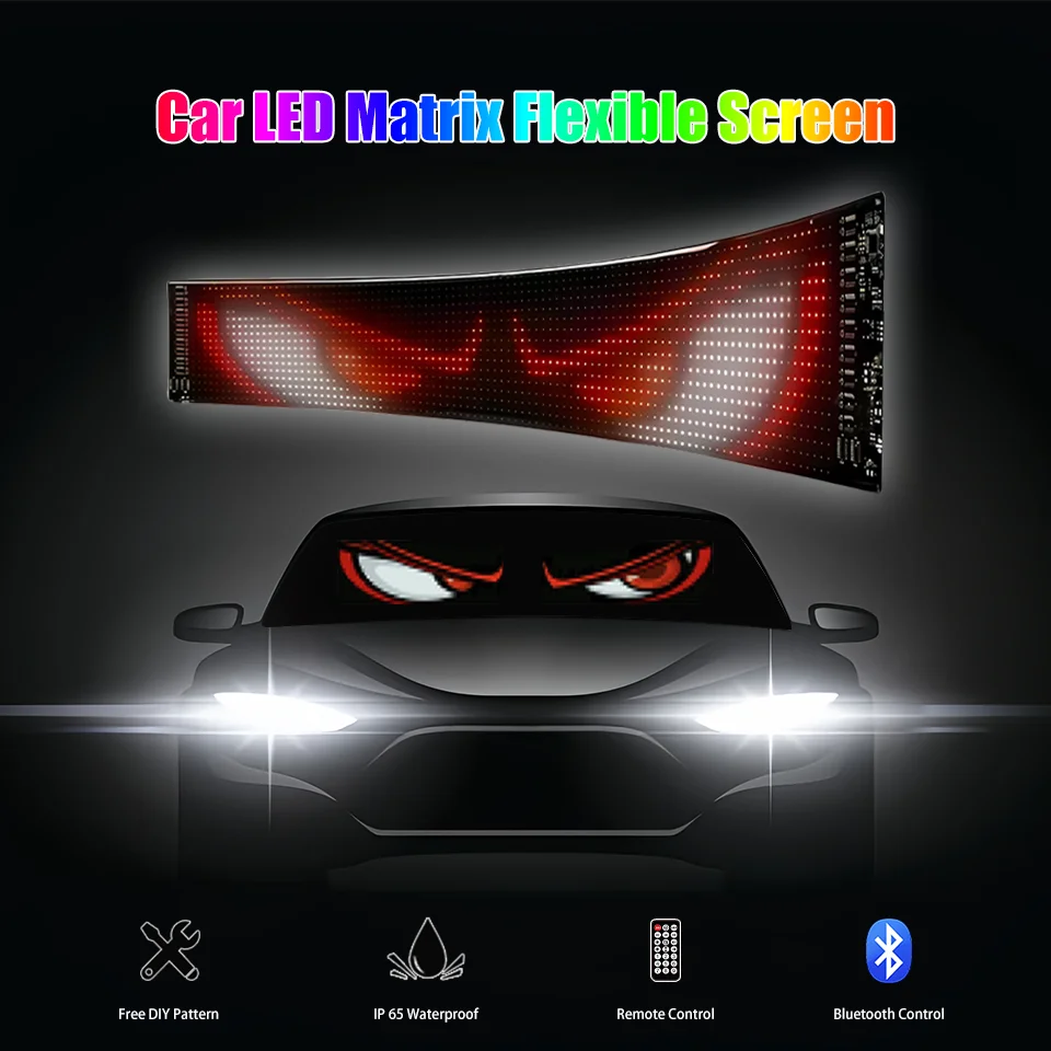 

Car LED Matrix Pixel Color Screen Music Rhythm Text Display Devil's Eye Japanese Anime Rolling Screen Free DIY Bluetooth Control