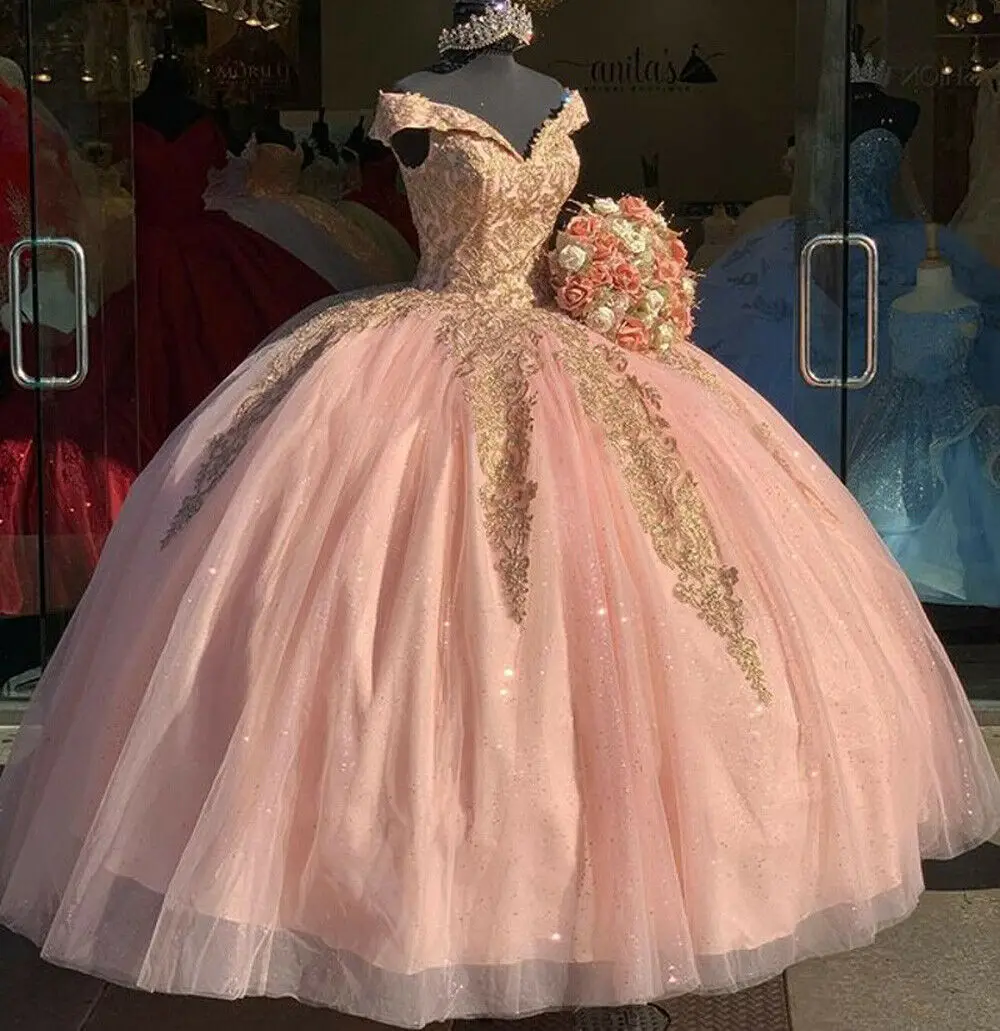 

Quinceanera Dresses Pink Ball Gown Shiny Tulle Off the Shoulder Applique Sweet 16 Girl 15 Birthday Party Vestido De 15 Anos Robe