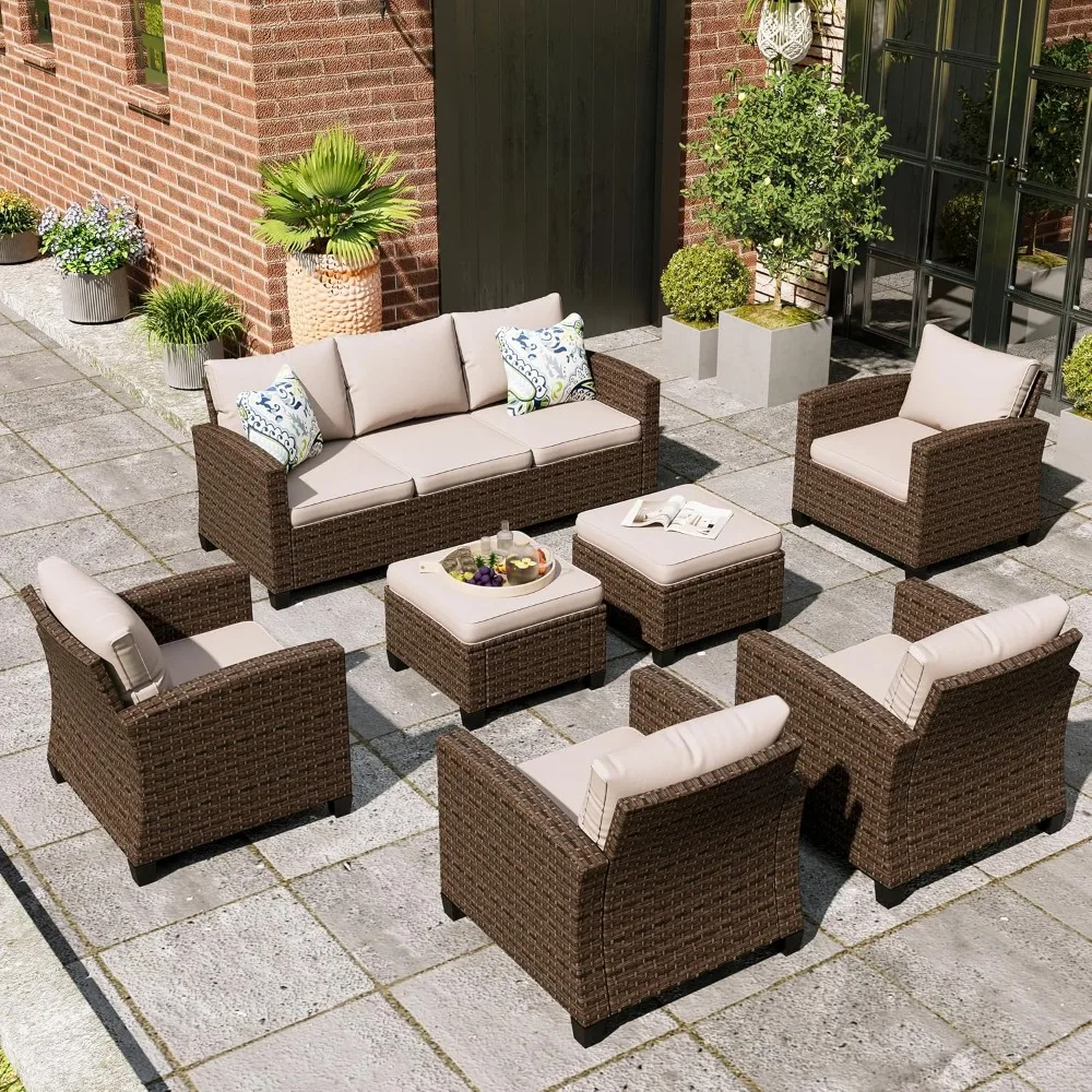 Juego de muebles de mimbre para Patio, conjunto de conversación al aire libre con cojines gruesos de 4 "para terraza de jardín y Patio trasero, color Beige, 7 piezas