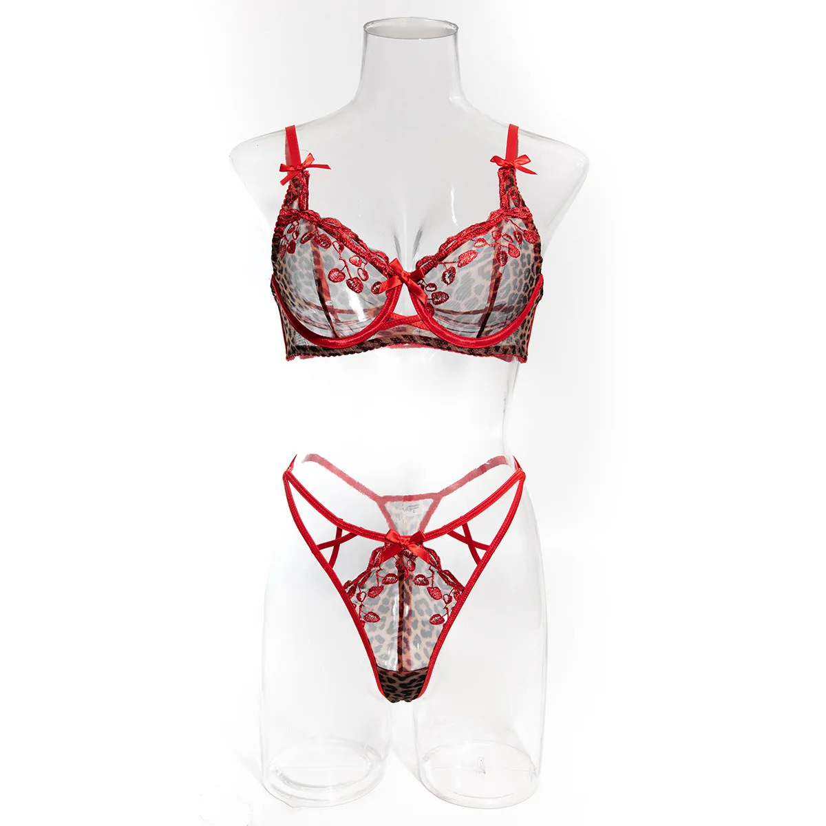 Sexy leopardo impressão vermelho cereja bordado lingerie feminina fina reunida arco roupa interior perspectiva feminina sutiã & breve conjunto de duas peças