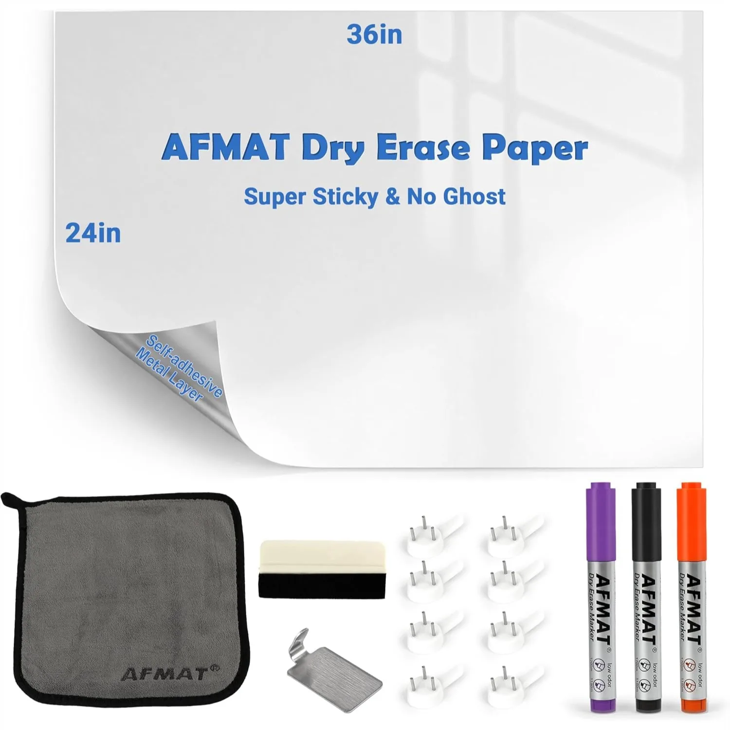 

AFMAT White Board Dry Erase Paper 36x24in, Peel and Stick Wallpaper with 3 Markers, Stain-Proof & Super Sticky for Home Office