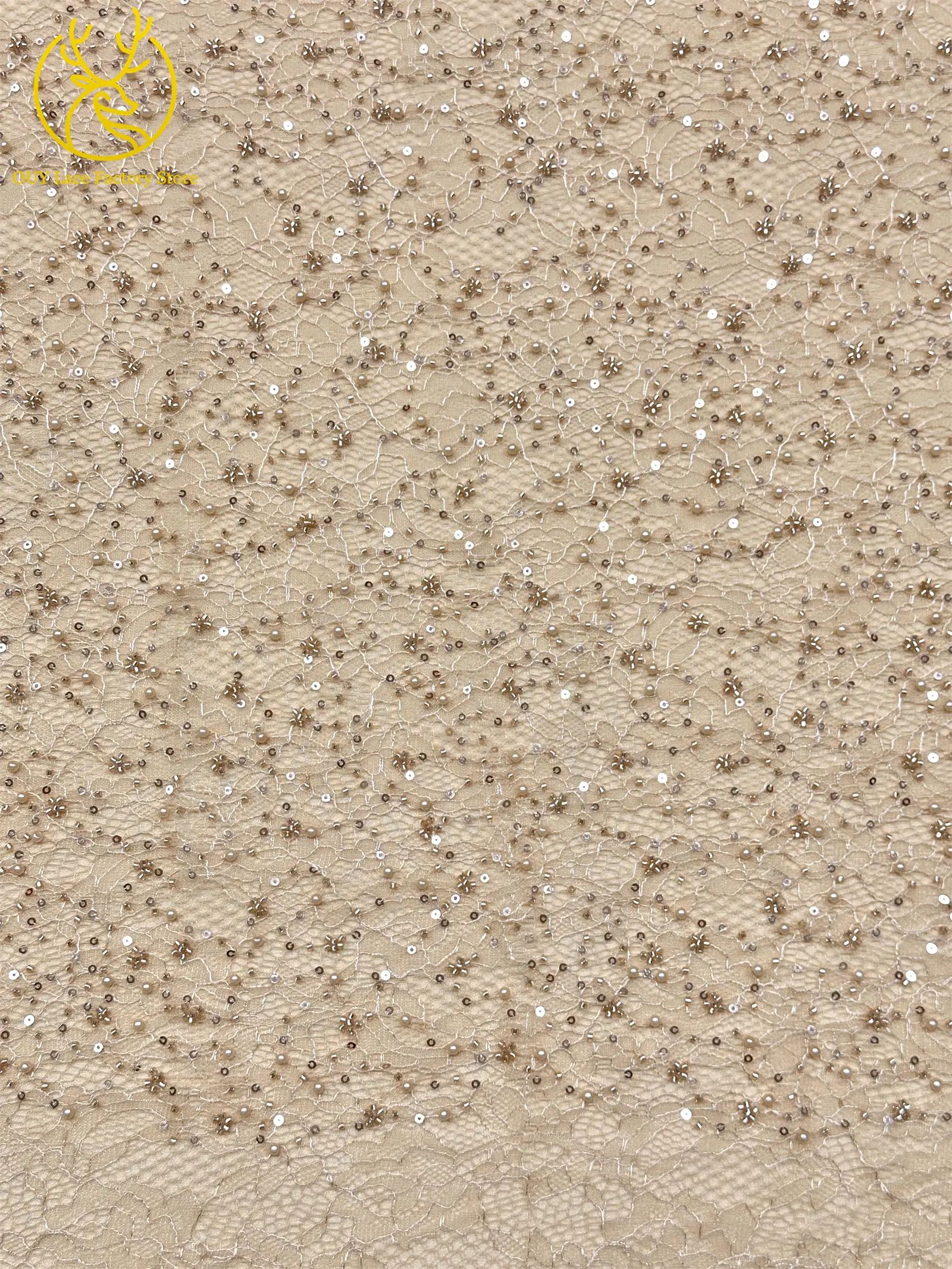 Kaffeebraune französische Tüllspitze mit Pailletten, 5 Yards, hochwertige afrikanische Spitze, nigerianischer Perlenstickerei-Spitzenstoff zum Nähen von Damen-Abendkleidern – Detail 11