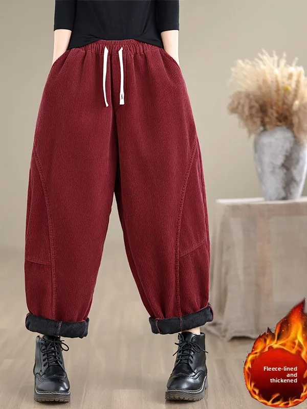 Fce doublé Thi velours côtelé papa pantalon femmes hiver chaud grande taille ample rayé décontracté Harlan pantalon confortable coupe ample