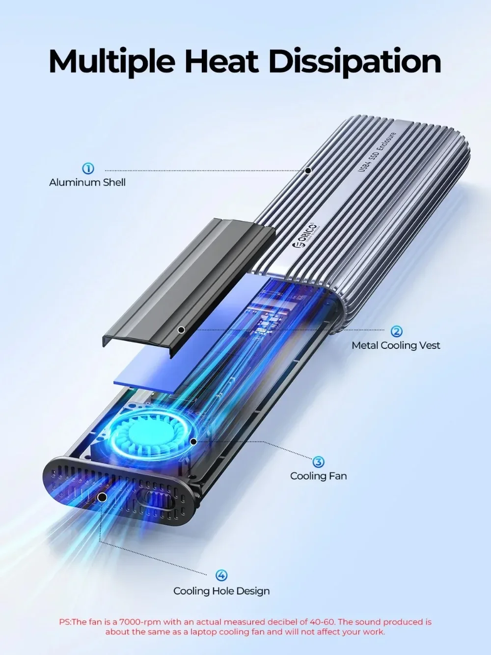 ORICO 40Gbps NVME SSD Enclosure M.2 to USB4.0 Nvme SSD Case Compatible with M.2 NVMe PCIe Built-in Cooling Vest Aluminum Case