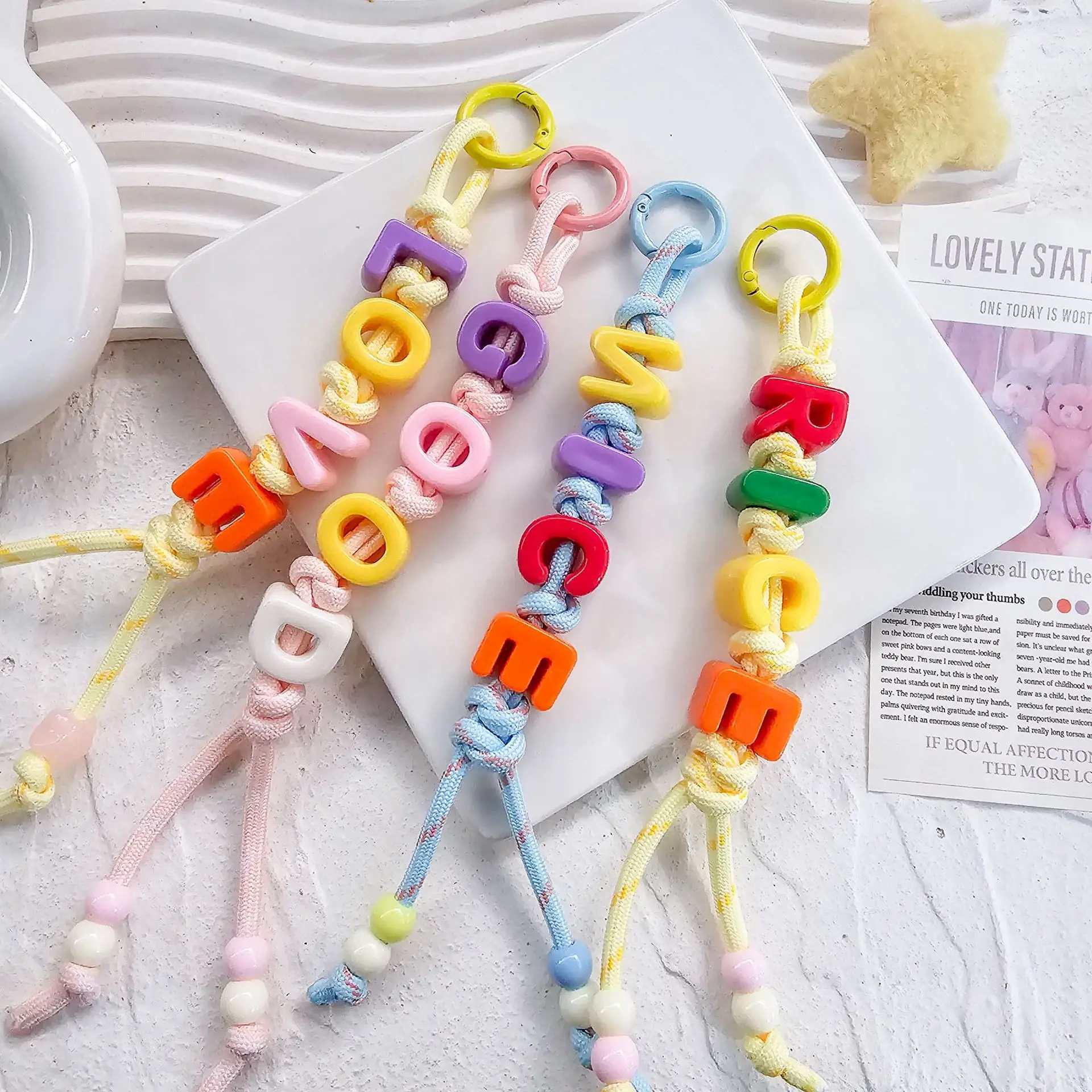 Dopamine Beaded Letter Phone Charms Miu Inspired Woven Rope Pendants Colorful Alphabet Keychains for Bags Phones Lanyards