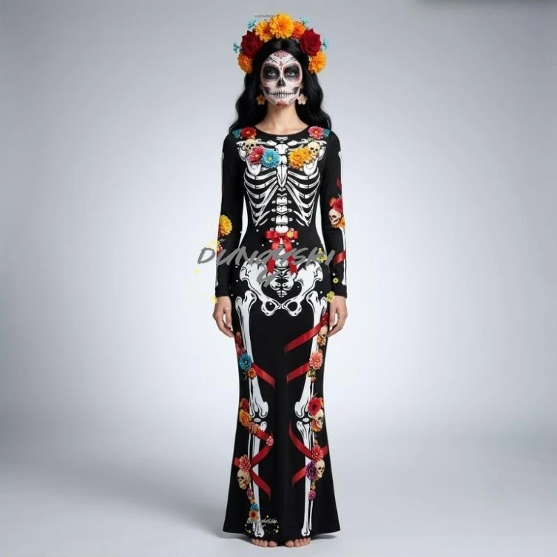 Mexikanisches Tag der Toten Themen-Cosplay-Kleid für Damen, 3D-gedrucktes Skelett-Kleid, Dia De Los Muertos Halloween-Kostüm