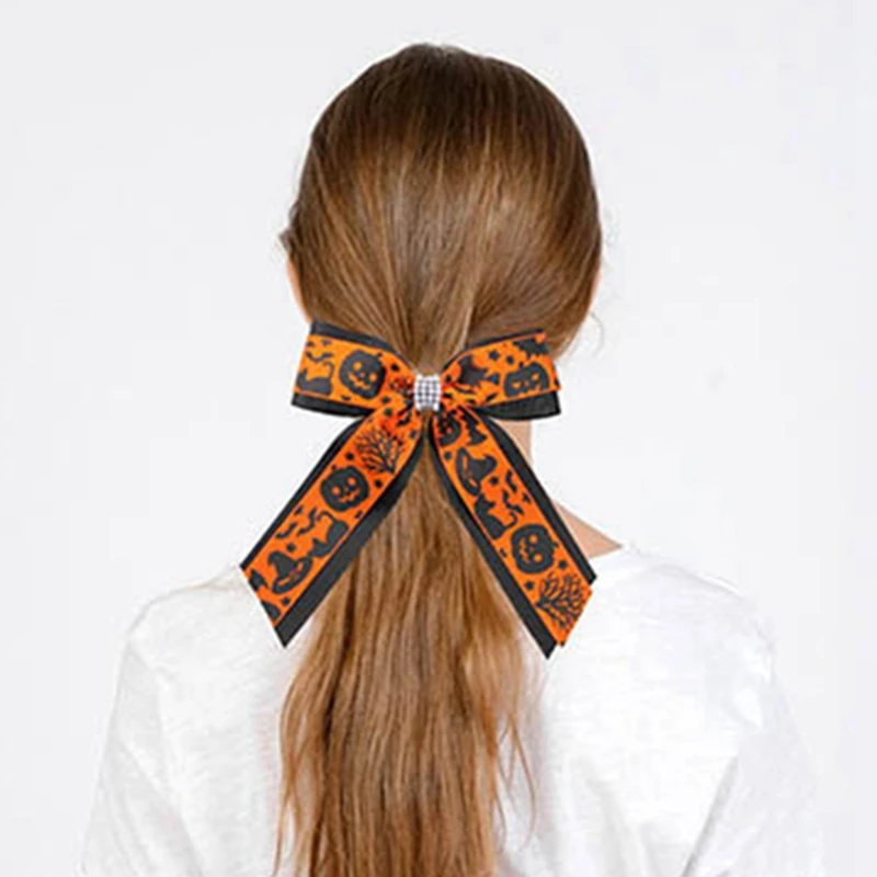 Halloween Bat Ghost Print Diamond Chain Bowknot Hairpin Girls Children Funny Hair Accessories