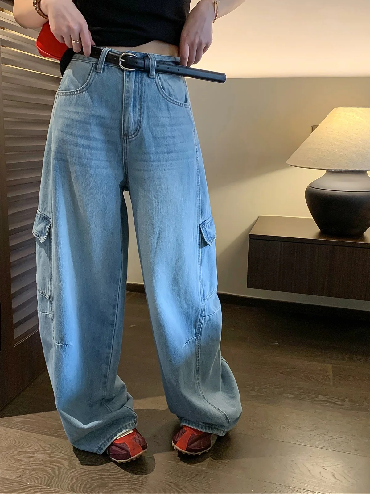 

Love Devil Fish Blue Design Wide Leg Jeans Women's Loose Fit High Waist Belted Spring Summer New Style Denim Pants