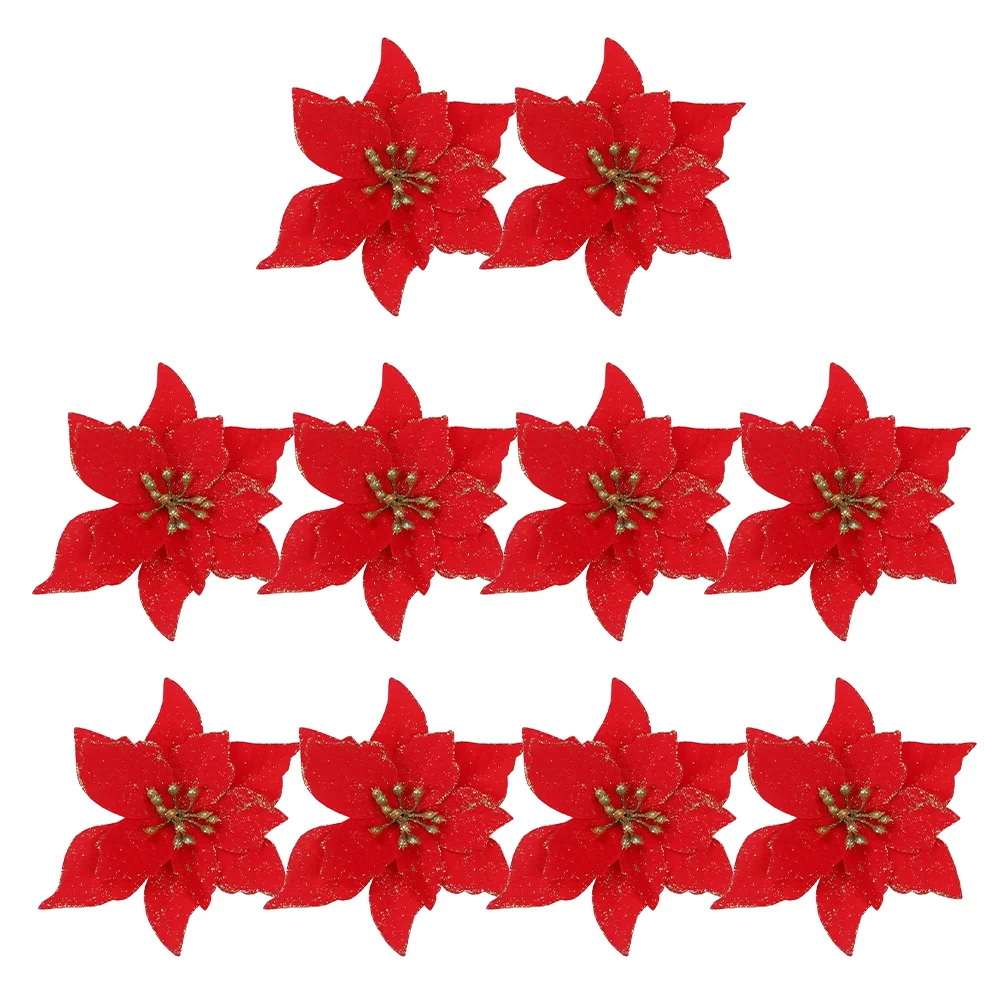 

10Pcs Christmas Poinsettia Red Glitter Artificial Flowers for Xmas Tree Party Wreath Wedding Decorations Glitter Poinsettia
