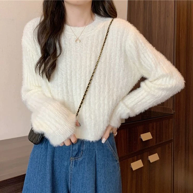 Cozy Women Fuzzy Knit Sweater Faux Mink Cropped Pullover Ribbed Long Sleeve Pink Multi Color Soft Autumn Winter Top