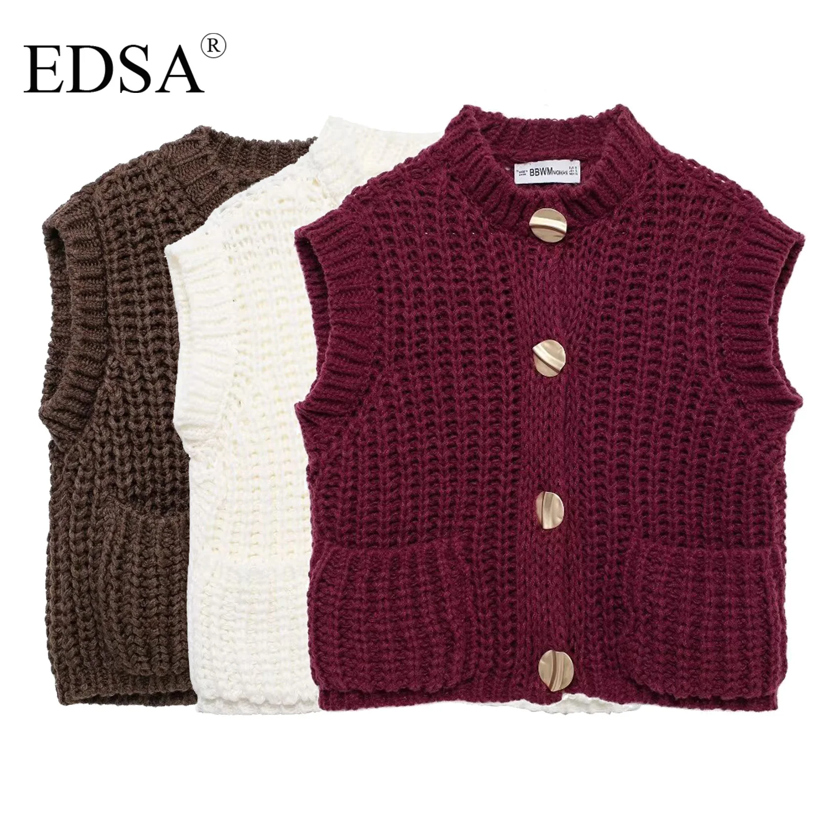 EDSA Women Chunky Knit Cardigan Waistcoat Autumn Cropped Sweater Vest Single Breasted with Golden Buttons Tank Outerwear