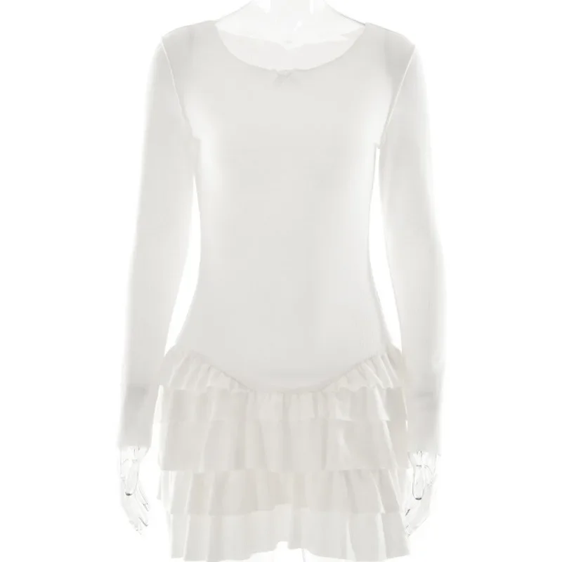 تنورة قصيرة للسيدات على الطراز الأوروبي والأمريكي ذات ثنيات مكدسة بحافة مكشكشة، فستان جديد للفتيات الحارة برقبة دائرية بقصة ضيقة