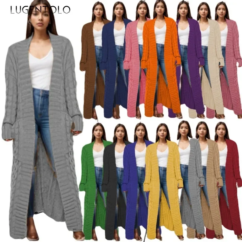 

Women Cardigan Sweaters Pocket Thickened Autumn Winter Casual Female Loose New Solid Knitted Long Clothing