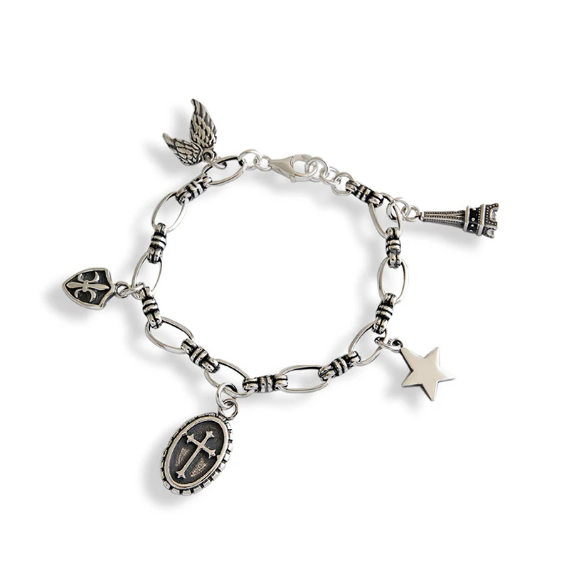 Punk bracelets Vintage Cross Star Wings Eiffel Tower Shield Solid S925 Sterling Silver Bracelet