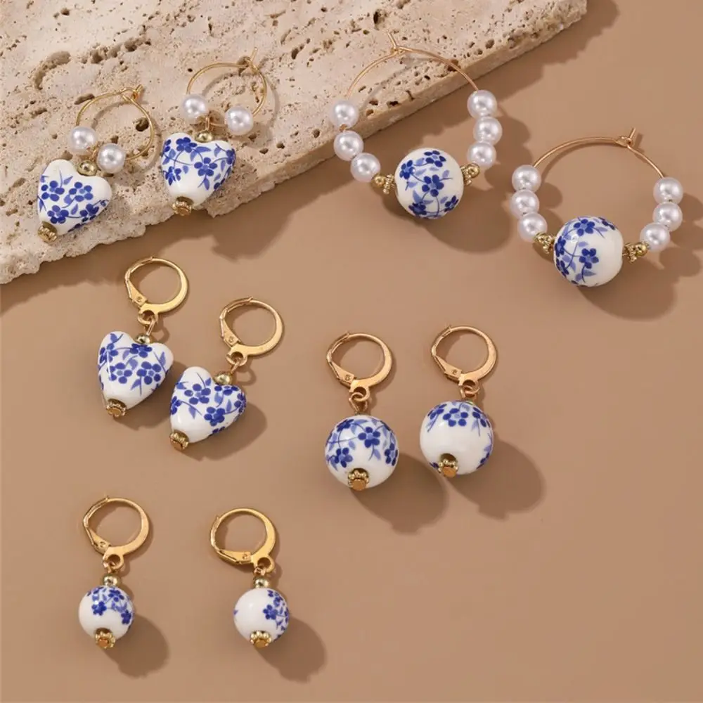 Ceramics Pearl Dangle Earring Handmade Bohemia Earrings Blue and White Porcelain Earrings Alloy