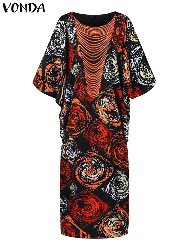 Vonda Vrouwen Party Maxi Jurk 2024 Bohemian Lange Vestidos Causale Bladerdeeg 3/4 Mouw Bloemen Gedrukt Ronde Hals Elegante Zonnejurk