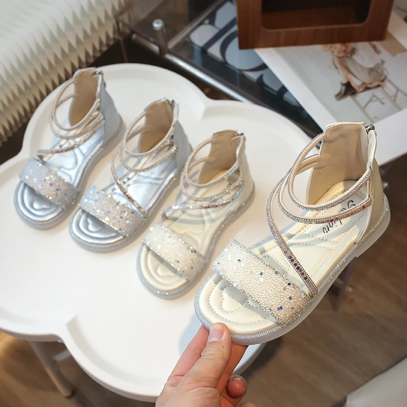 Girl Sandals Summer Fashion Kids Baby Girls Glitter Sequin Princess Crystal Sandals For Little Big Girl's Beach Shoes Rome Flats