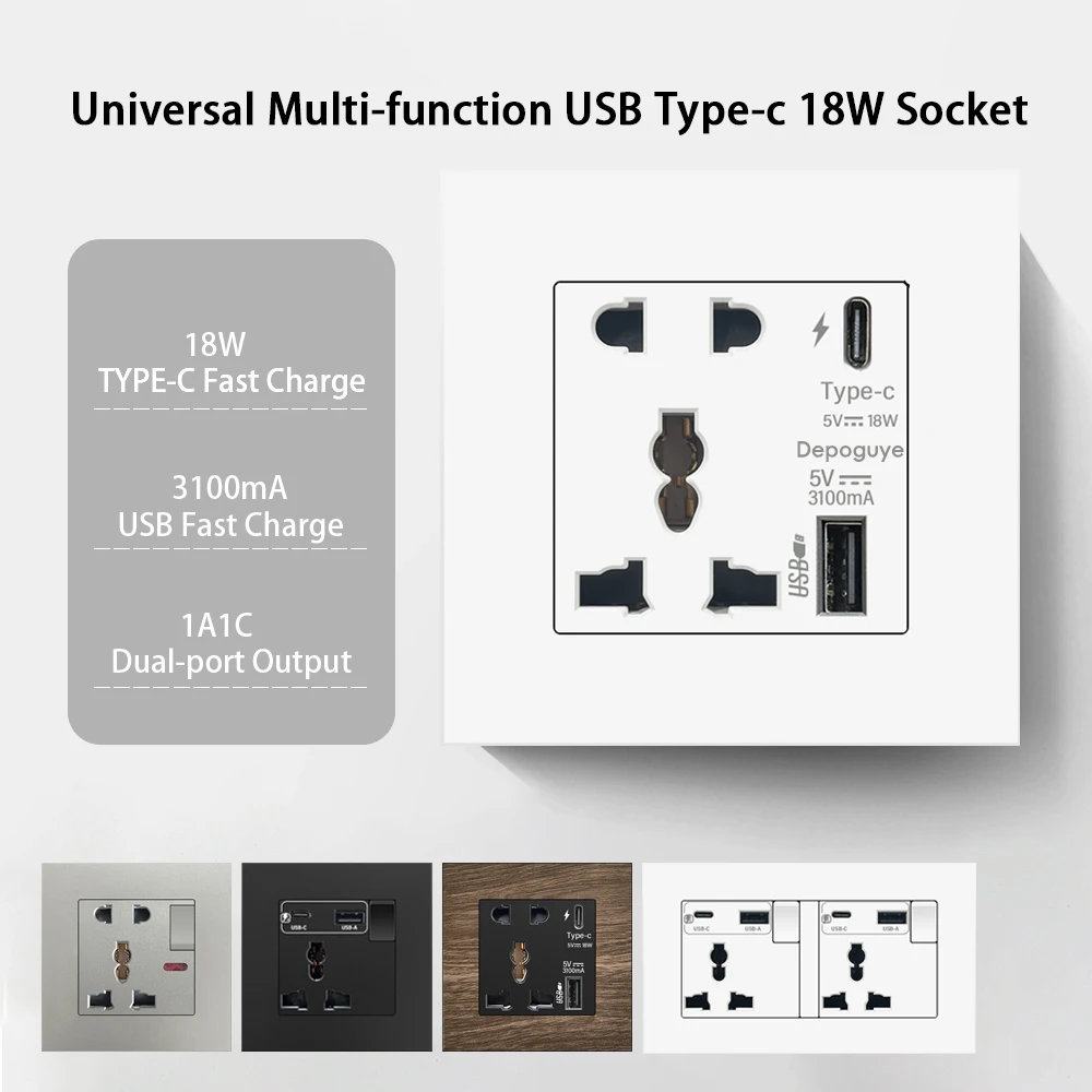 Universal 18W Type-C Quick Charge 3/5-Pin Socket, UK Wall Electrical Outlet with USB Charger, White Smart Double Power Socket Pl