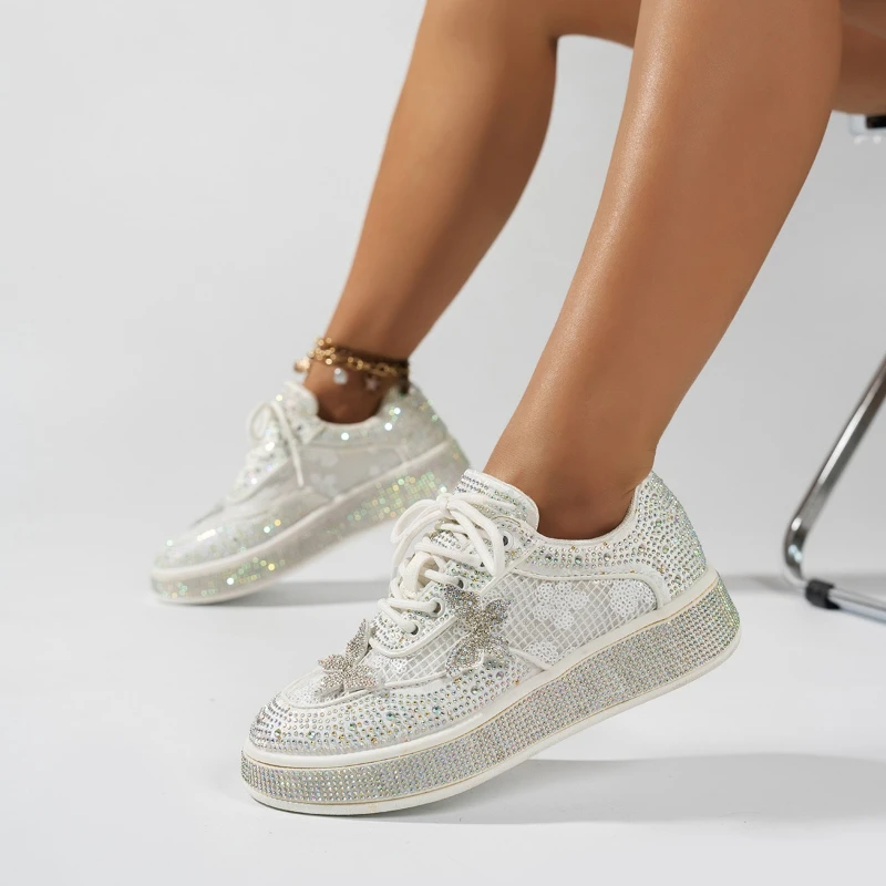 High-heel Round-toe Crystal-studded Fashionable Multi-purpose Comfortable Anti-slip Breathable Sports and Casual Women's Shoes