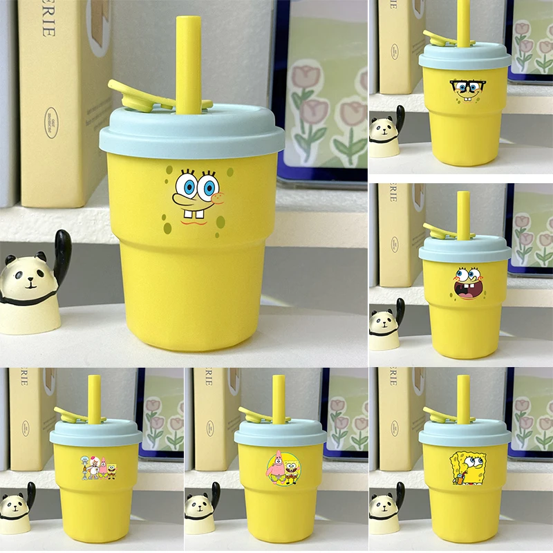 380ML SpongeBob SquarePants Silicone Water Cup Boy Girl Portable Cute Cup with Straw Leakproof Sport Water Bottle Birthday Gift