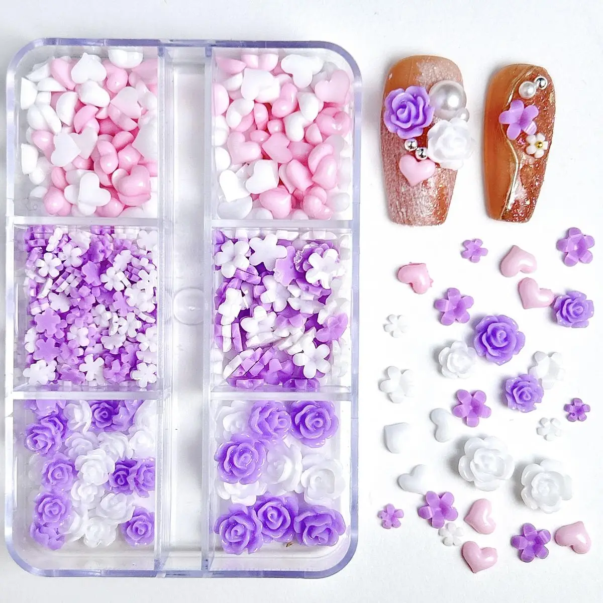 

1 Box Pink White Purple Resin Heart Flower Mixed Nail Art Decoration Fine Sparkling Colorful Flower Nail Charms Manicure DIY