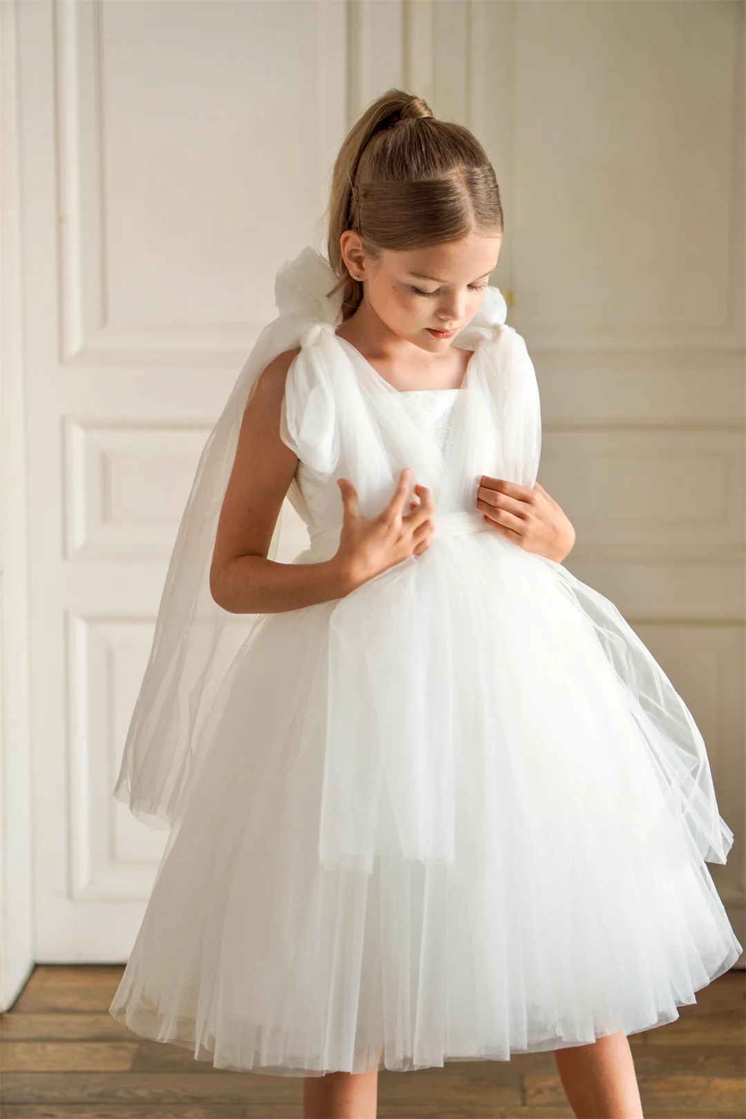 

White Tulle Plain Flower Girl's Dresses Bow Tie Spaghetti Straps Adjustable Tea-Length Evening Gown Birthday Party Princes Dress