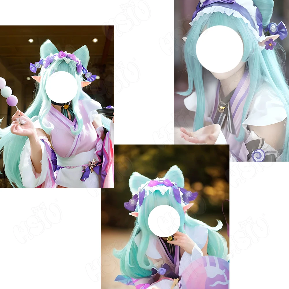 Yumemizuki-コスプレ用合成かつら,フェイスメイク,ジュー,ブルーグリーンロングウィッグ,ウィッグキャップ