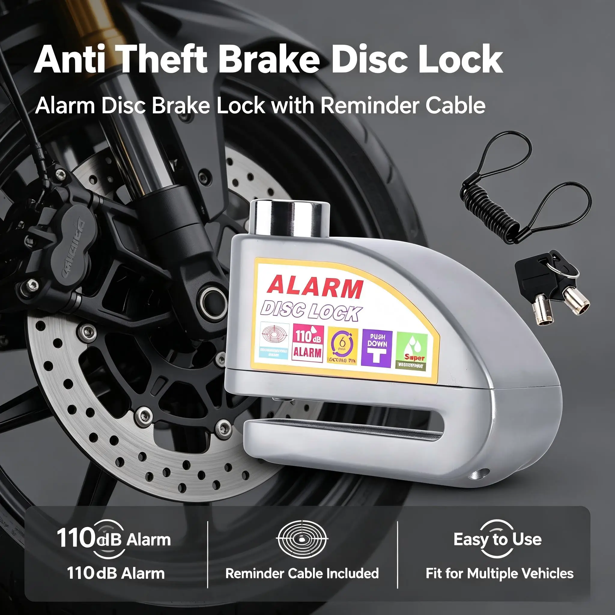 110dB Alarm Disc Lock Anti-Theft Motorcycle Brake Disc Padlock Waterproof E-Bike Scooter Bicycle Security Wheel Lock Accessories view 3