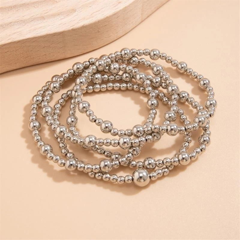 5 Piece Alloy Beaded Bracelet Set Adjustable Length For Women Silver Gold Fashionable Jewelry Wedding Accessories E0BF